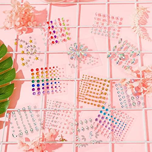 12 Sheets Face Jewels Rhinestones Crystal Stickers, 15g Chunky and Fine Mix Glitter, Eye Face Body Rave Outfits Clothes for Women, Mermaid Makeup Gems Rave Festival Accessories