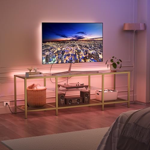 63 Inch Modern TV Stand with LED Lights and Power Outlets, Tempered Glass, Open Shelves, Gold Frame