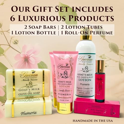 The Grecian Soap Company Deluxe Bathtub Gift Set ? 6pcs Goat Milk & Olive Oil Skin Care Set, Spa Gifts, Bridal Shower Gifts Gifts for Mom, Birthday Gifts, Plumeria Scent, Handmade in the USA