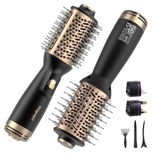 Travel Dual Voltage Hair Dryer Brush, Mini Auto Blow Dryer Brush in one, 2 Inch One Step Hot Air Hair Dryer and Styler for Home & Salon with EU&UK Plug (Gold)