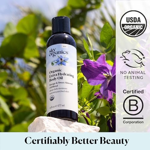 Sky Organics Organic Extra Hydrating Body Oil, Nourishing Organic Skin Care with Borage, Acai & Sweet Almond Oil, Nourishing Hydration for Softer, Smoother, Refreshing Orange & Spearmint Scent,
