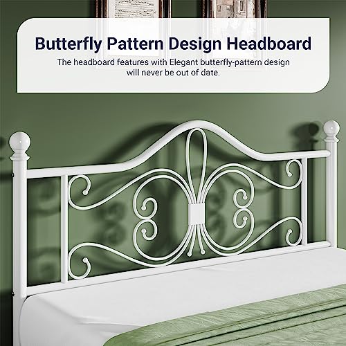 White Twin Metal Platform Bed Frame with Butterfly Pattern Design - Allewie