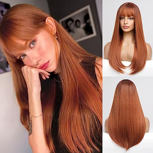 Auburn Long Straight Synthetic Wig with Bangs for Women - Heat-Resistant, Natural Look, 26 Inches