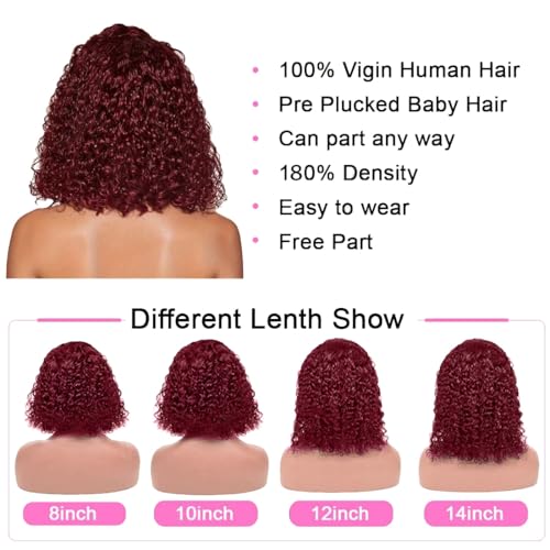 8 Inch 99J Burgundy Curly Human Hair Lace Front Wig for Black Women - Short Bob Style