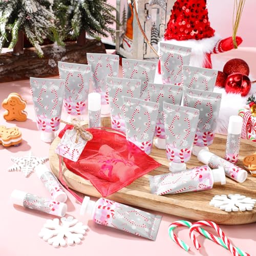 24 Sets Christmas Candy Cane Hand Cream & Lip Balm Gift Set with Organza Bags