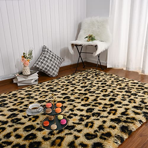 Amearea 6x9 Khaki Fluffy Leopard Rug - Premium Cheetah Print Area Rug