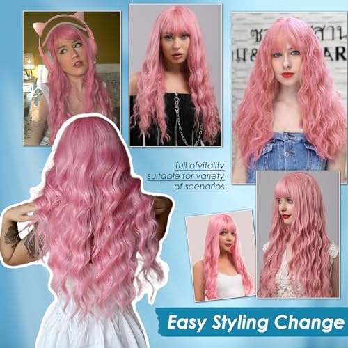 Pink Wavy Wig with Bangs - 26 Inch Long Curly Synthetic Wig for Women Girls - Variation: Pink