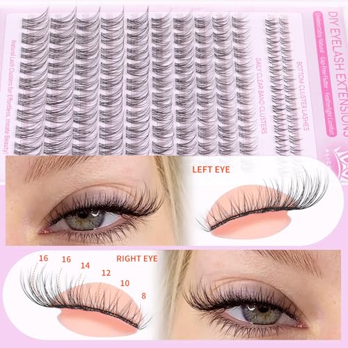 Natural Lash Clusters Wispy Lash Extensions with Bottom Lashes Clean Girl Makeup C Curly Eyelash Clusters with Invisible Band DIY Individual Lashes 132Pcs No Makeup Look