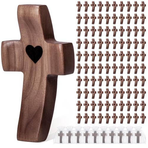 Brown 100-Pack Wooden Cross Fidget with Organza Bags - Handmade Pocket Prayer Cross