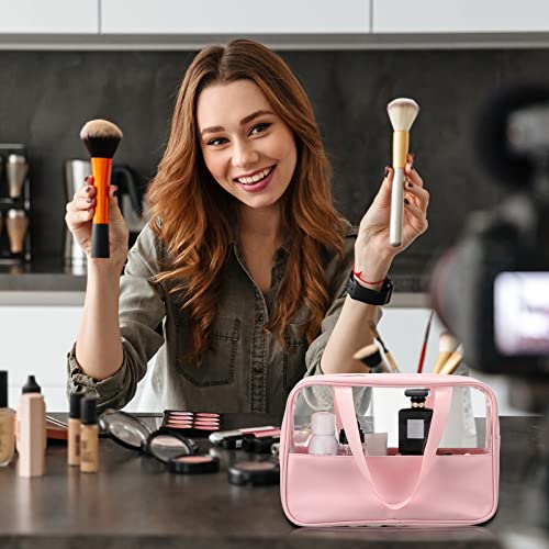 Reginary Pink Large Clear Makeup Bags Set - Travel Toiletry Organizer with Handle Strap, Waterproof Cosmetic Storage, 6 Pieces
