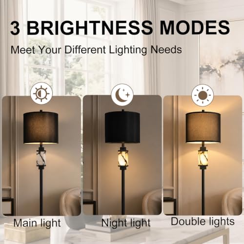 Black 62-Inch Modern Alabaster Floor Lamp with Night Light - Living Room Decor