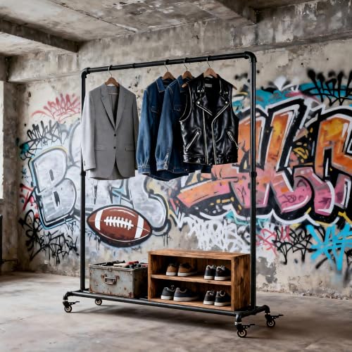 Black Industrial Pipe Clothing Rack with Wheels and Bottom Shelf - Heavy Duty Garment Stand
