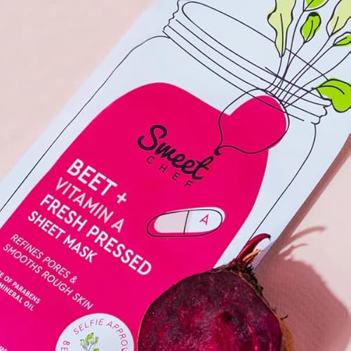 Sweet Chef Beet + Vitamin A Fresh Pressed Sheet Mask - Beet Extract Moisturizing Face Mask for Soft Smooth Skin + Pore Minimizing Antioxidant Vitamin A for Aging & Glowing Skin (Sheet Mask Pack of 5)