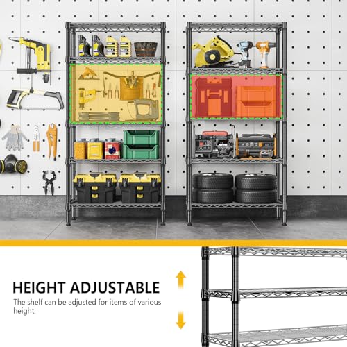5-Tier Metal Storage Shelf Black - Heavy Duty Wire Rack Closet Organizer