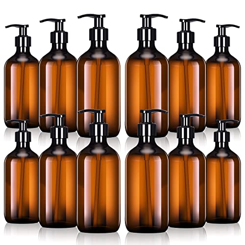 Tessco for you 12 Pack Amber Soap Dispenser Empty Plastic Pump Bottles Dispenser Refillable Shampoo for Hand Sanitizer Soap Cosmetic Lotion Body Wash Conditioner Bathroom Kitchen Travel (16.9 Oz)