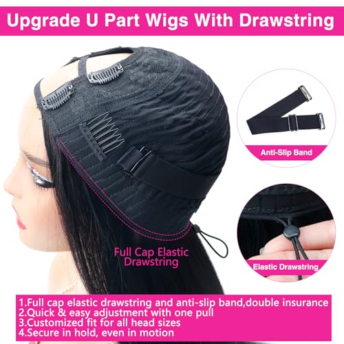 16 Inch Natural Black U Part Human Hair Wigs for Women - No Glue, Full Head Clip-In, Beginner Friendly