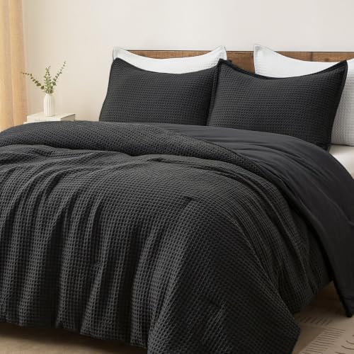 Queen Waffle Comforter Set - Ultra-Soft Microfiber, Black, 3 Pieces