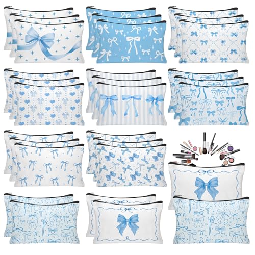 Blue Bow Makeup Bag Set - 30 Women Cosmetic Pouches for Travel & Gifts