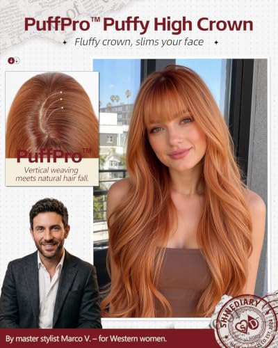 Sunset Copper Auburn Wavy Long Wig with Bangs - Voluminous High Crown, Realistic Scalp, 24 Inch Style