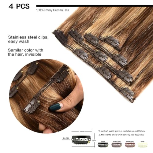 GEELOOK Clip-in Hair Extensions Remy Human Hair 18 Inch 70g #4/27 Chocolate Brown Light Blonde