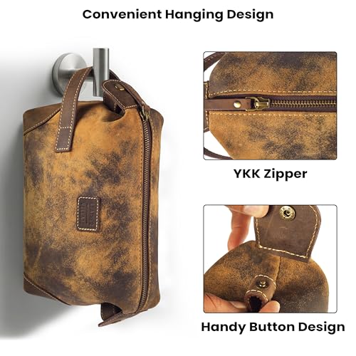 Distressed Brown Leather Dopp Kit for Men - Travel Toiletry Bag, Shaving Bag