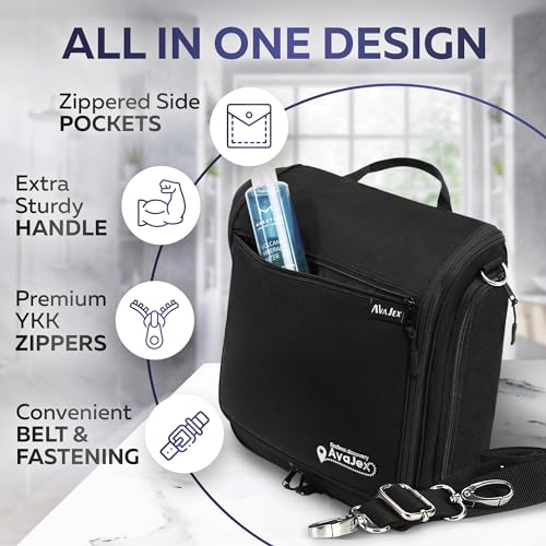 XXL Jet Black Hanging Travel Toiletry Bag for Men & Women - Waterproof with 19 Compartments