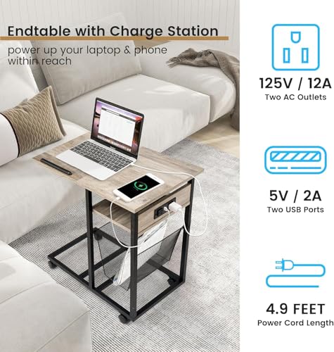 C-Shaped End Table with Charging Station, Tilting Top & Lockable Wheels - Grey