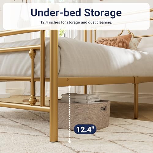 Twin Size Metal Platform Bed Frame with Victorian Headboard - Gold, No Box Spring Needed, Easy Assembly