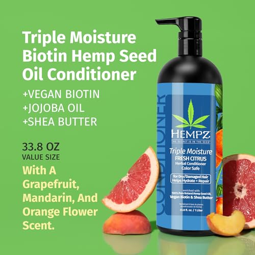 Hempz Biotin Conditioner - Triple Moisture Fresh Citrus - Peach & Grapefruit - For Growth & Strengthening of Dry, Damaged and Color Treated Hair, Hydrating, Softening, Moisturizing - 33.8 Fl OZ