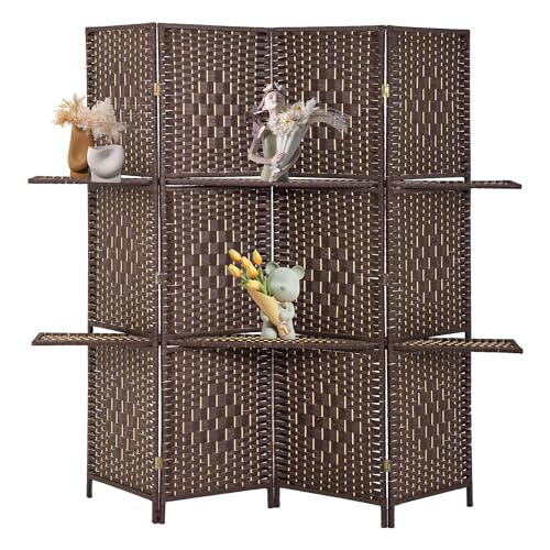 Brown 4-Panel Folding Room Divider with Shelves - 5.9ft Privacy Screen