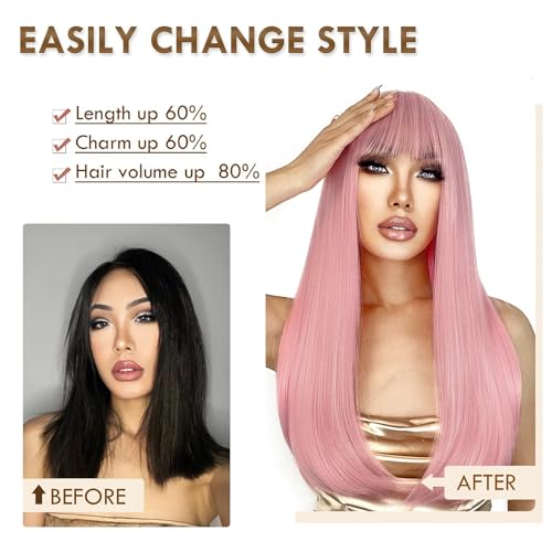 Light Pink Long Straight Wig with Bangs - 22 Inch Synthetic Cosplay & Daily Wear