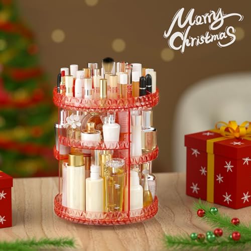 Pink 360° Rotating Makeup Organizer with Adjustable Compartments – Acrylic Cosmetic Caddy Shelf Storage for Lipsticks, Brushes & Accessories
