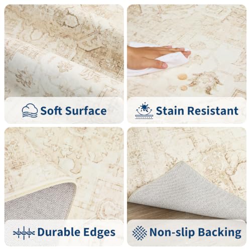 Large 9x12 Beige Vintage Boho Area Rug Washable Living Room Carpet