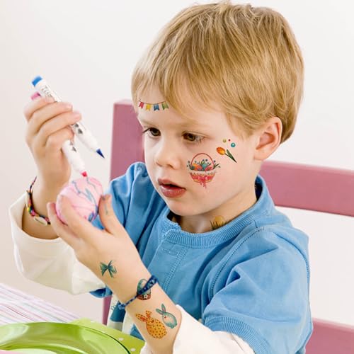 Glitter Easter Bunny Temporary Tattoos for Kids Easter Eggs Flower Decoration Stickers Happy Easter Basket Stuffers 12 Sheets, Children Rabbit Birthday Party Favors Class Rewards