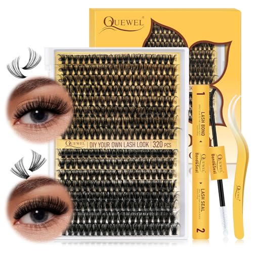 QUEWEL Lash Clusters Kit, 320Pcs 60D+80D Lash Cluster Eyelash Extensions Mix 12-18mm 3D Eyelash Clusters with Lash Bond and Seal and Lash Tweezers Easily Create 3D Lashes Clusters at Home(60+80D Kit)