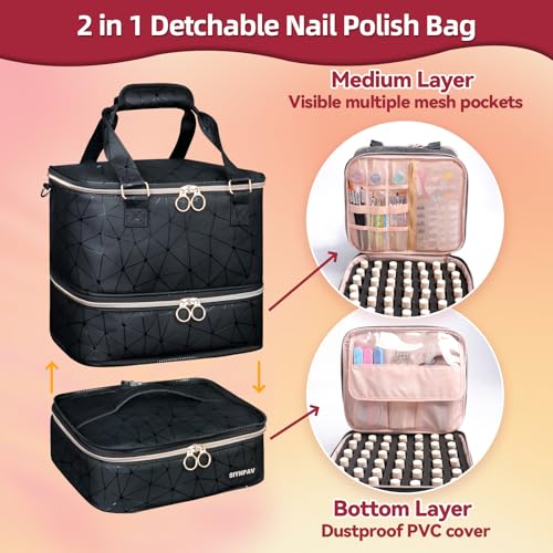 Nail Polish Organizer Bag Holds 126 Bottles (15ml/0.5fl.oz)& Nail Lamp, 3 Layers Detachable Nail Kit Storage Case PU Leather, Large Travel Nail Supplies Shoulder Bag for Manicure Tools (Black)