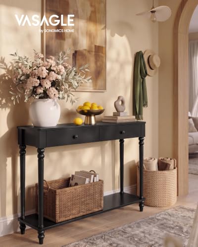 VASAGLE 39.3-Inch Console Table with Solid Wood Legs - Ink Black, Narrow Entryway Sofa Table, 11.8" Deep