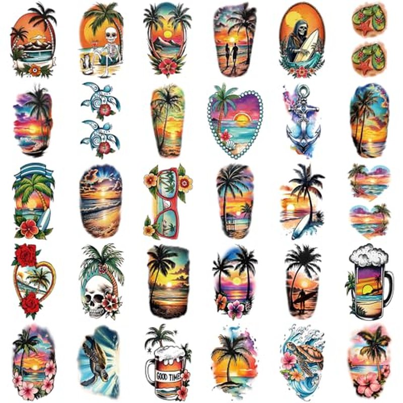 48 Sheets Full Arm Temporary Tattoos for Adults - Waterproof Tropical Summer Beach Party Fake Tattoo Stickers - Hawaiian Floral Palm Sunset Designs for Women Men