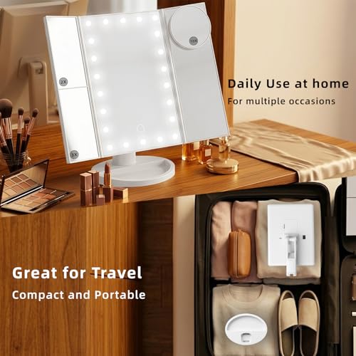 White Lighted Makeup Mirror with Magnification Tri-Fold LED Vanity Mirror