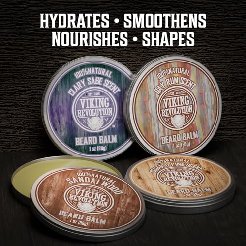 Viking Revolution 4 Beard Balm Variety Pack (1oz Each) - Sandalwood, Pine & Cedar, Bay Rum, Clary Sage - Styles, Strengthens and Softens Beards and Mustaches - Wax for Men