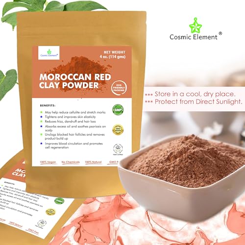 Cosmic Element Moroccan Red Clay Powder - Red Clay Powder for Skin | Suitable for Face, Body Wraps & Hair Care | Clay Mask for Face | Red Clay Masks, Wraps, Scrubs, Soaps, Bath Bombs & Detox ? 4 oz