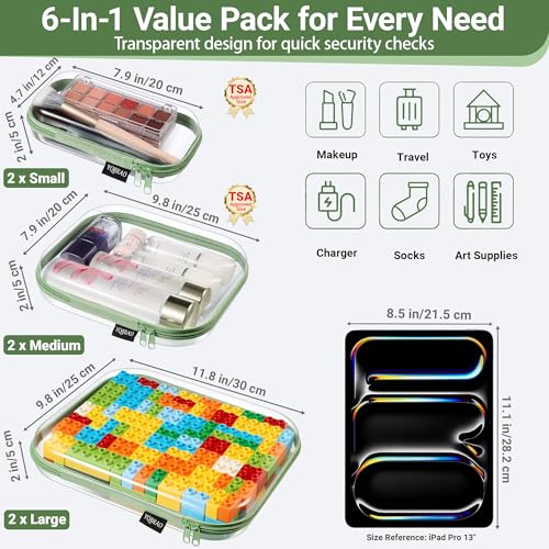 6-Pack Clear Hard Shell Zipper Cases - Multi-Size Travel & Organization Set - Green