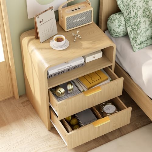 Large Modern Nightstand with 2 Drawers & Open Shelf - Oak Bedside Table