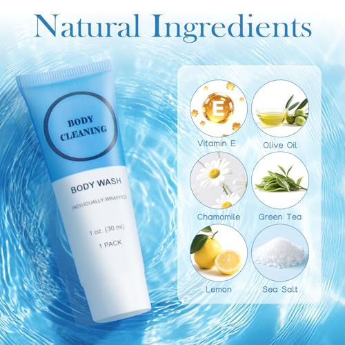 Travel Size Body Wash, Individually Wrapped Bulk 1 oz/30 ml Mini Shower Gel Set Trial Sample Small Single Use Toiletries Amenities Kit for Men & Women for Hotel/Camping/Vacation/Homeless (100 Pack)
