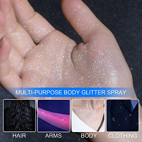 Face and Body Glitter Spray for Women, Temporary Glitter Hairspray Shimmer Makeup for Mardi Gras Singer Concerts Music Rave Festival Accessories, Up to 8 Hour, Holo Silver, 2oz