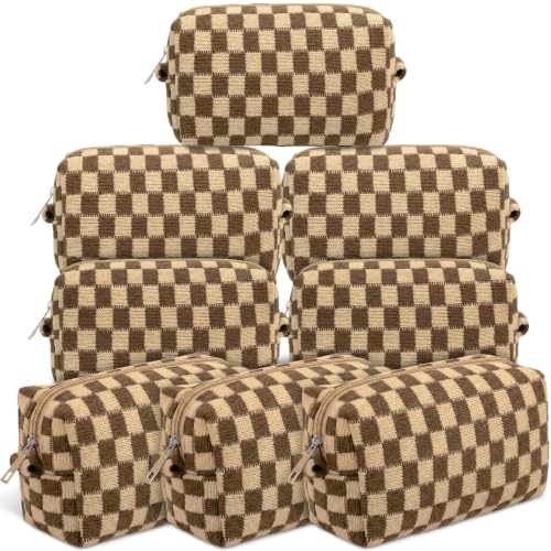 8 Pack Checkered Makeup Bags Small Cosmetic Pouch - Brown