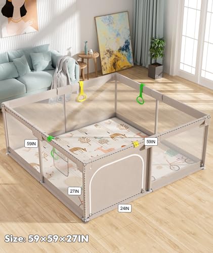 Mloong Baby Playpen with Mat - 59x59 Inch Safety Play Yard for Toddlers, Grey
