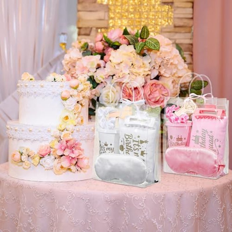 6 Sets Birthday Squad Party Favors for Women Birthday Squad Cups Tumblers with Lids Straws Makeup Bags Satin Eye Masks Hair Clips Hair Scrunchies for Spa Sleepover Accessories(Pink White)