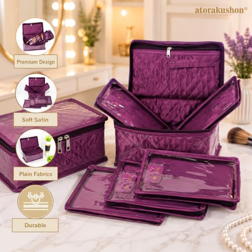 Purple Satin Makeup & Jewelry Organizer Bag for Women - Travel Cosmetic Pouch