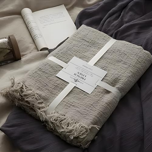 Linen Throw Blanket 79x57 Inches - Natural Flax, Soft, Breathable Bed Cover - MINUPWELL